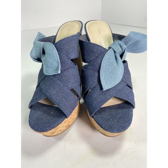 Marc Fisher Women's Hobby Sandal Size 8 Cork Wedge Platform Denim Slide Knot - Picture 4 of 11